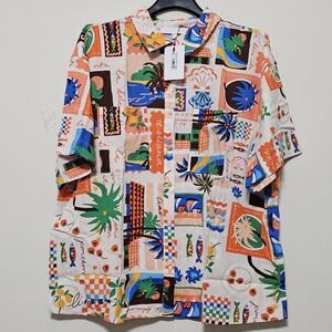 Sugarlips Women's Top 1X Coral Multicolor Collar Front Button Blouse New 226-417